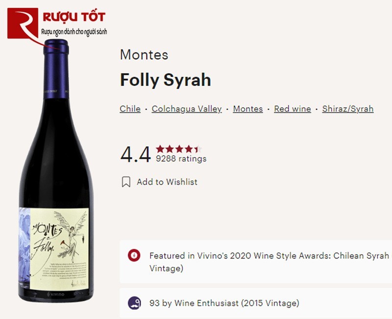 Đánh giá cao của Montes Folly Syrah trên Vivino
