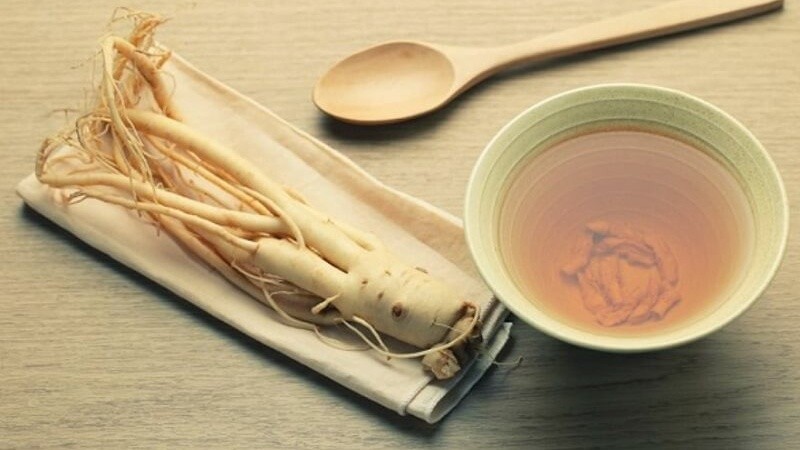 Bình rượu sâm đương quy đang được ủ trong bình thủy tinh