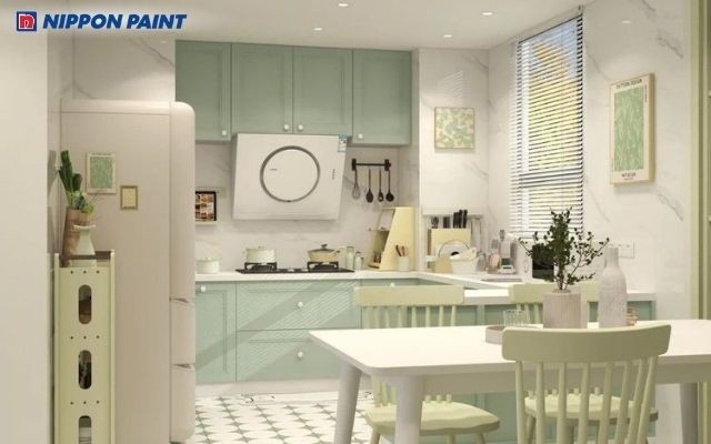 Phòng bếp màu xanh nhẹ dịu mát