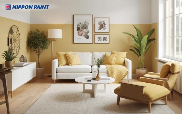 Vàng đất chủ đạo kết hợp trắng sứ, tạo không gian sinh hoạt ấm cúng và gắn kết