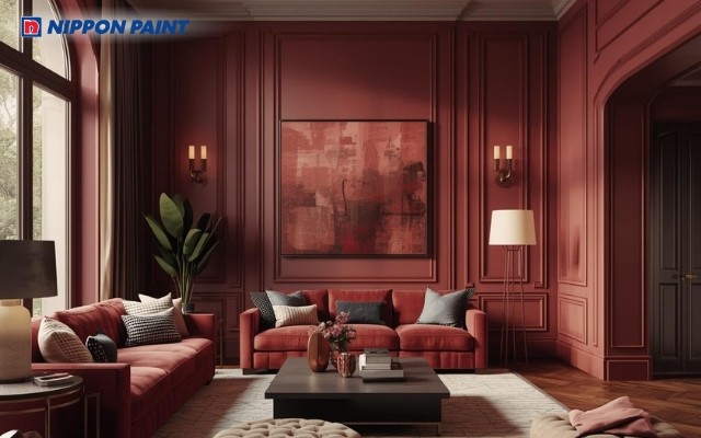 Tông đỏ rượu làm điểm nhấn mảng tường giúp không gian trở nên ấm cúng