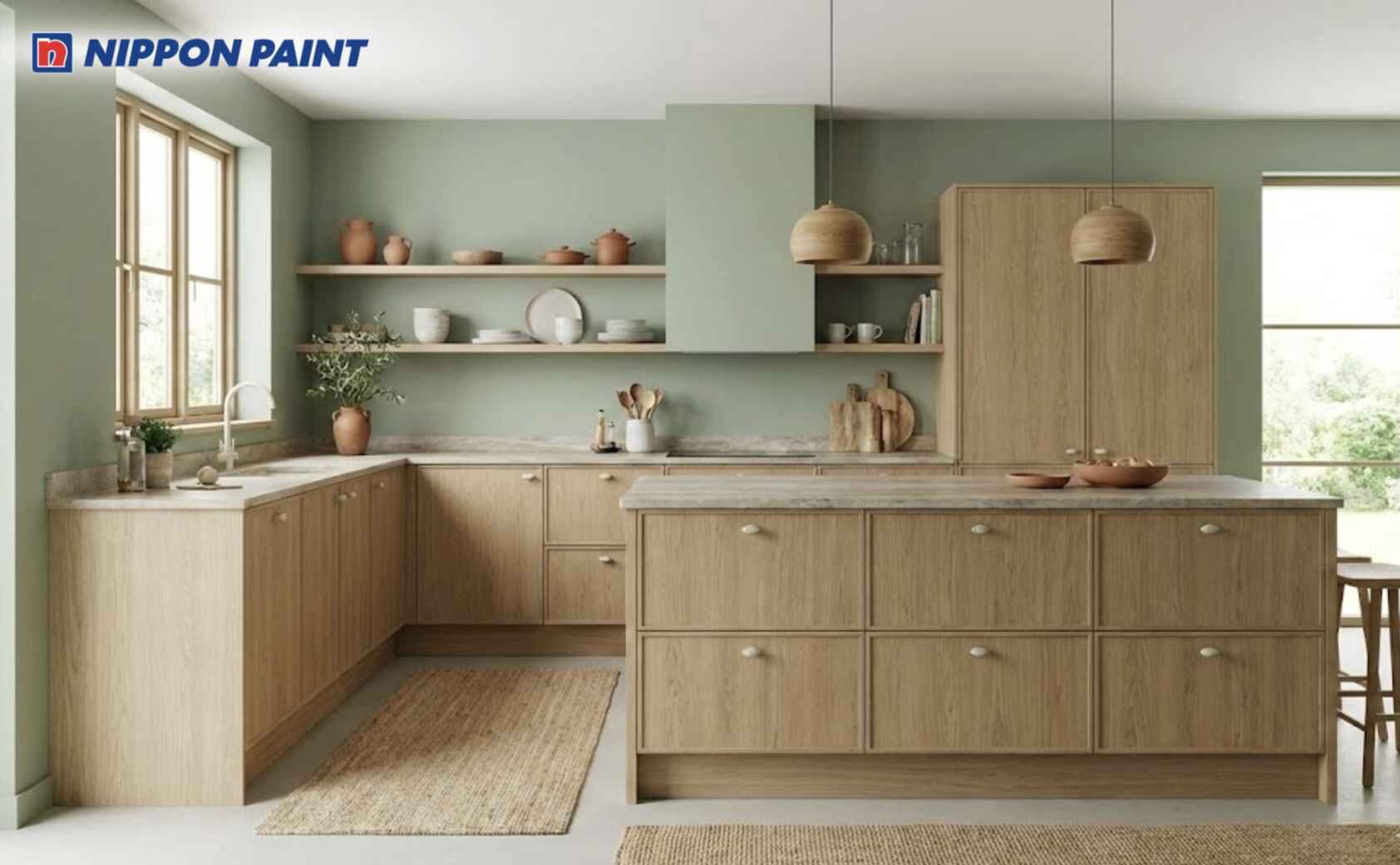 Phối xanh lá nhạt với vân gỗ sáng mang lại sự ấm cúng, gần gũi