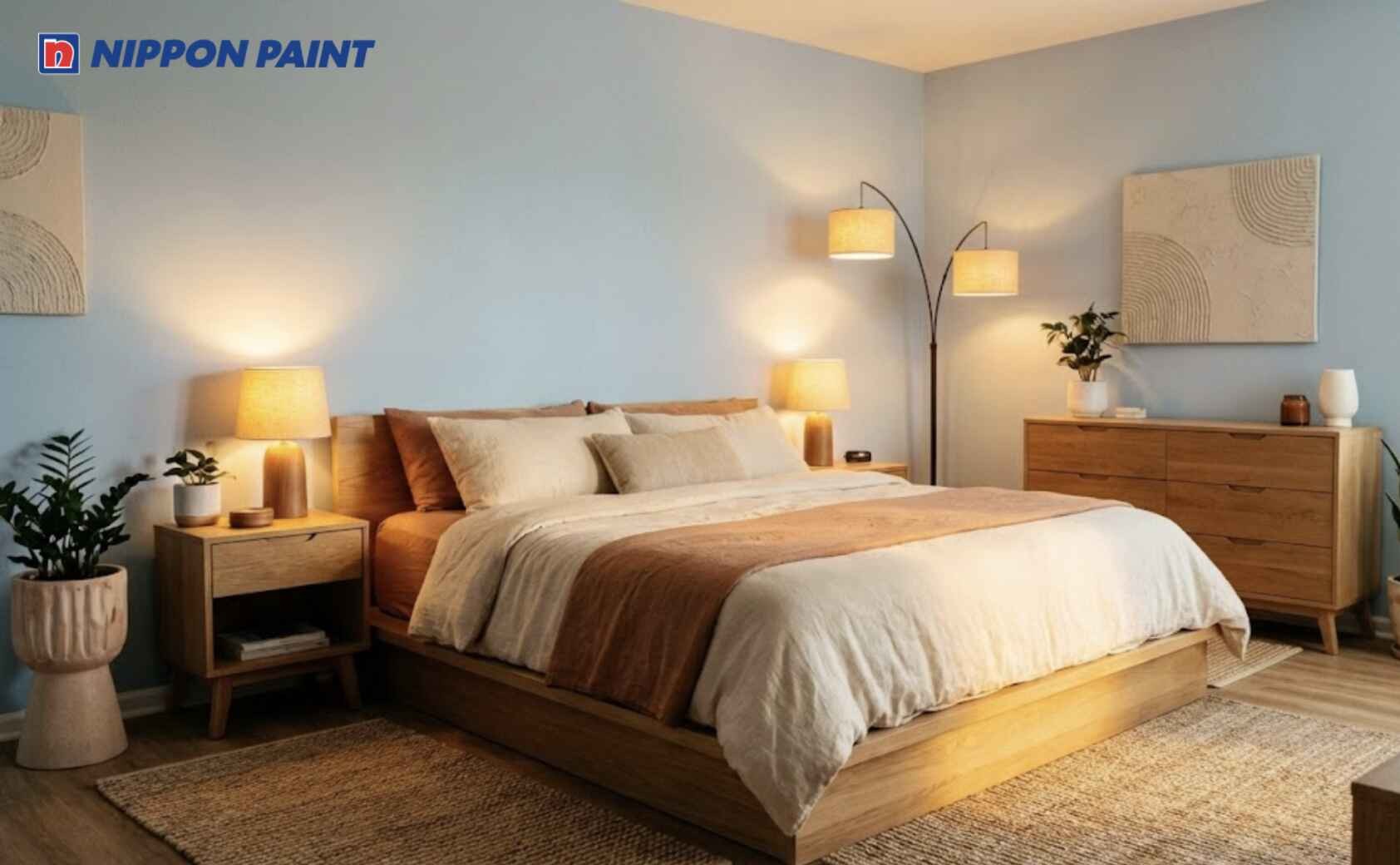 Gam xanh pastel nhẹ kết hợp ánh sáng ấm mang lại không gian thư giãn