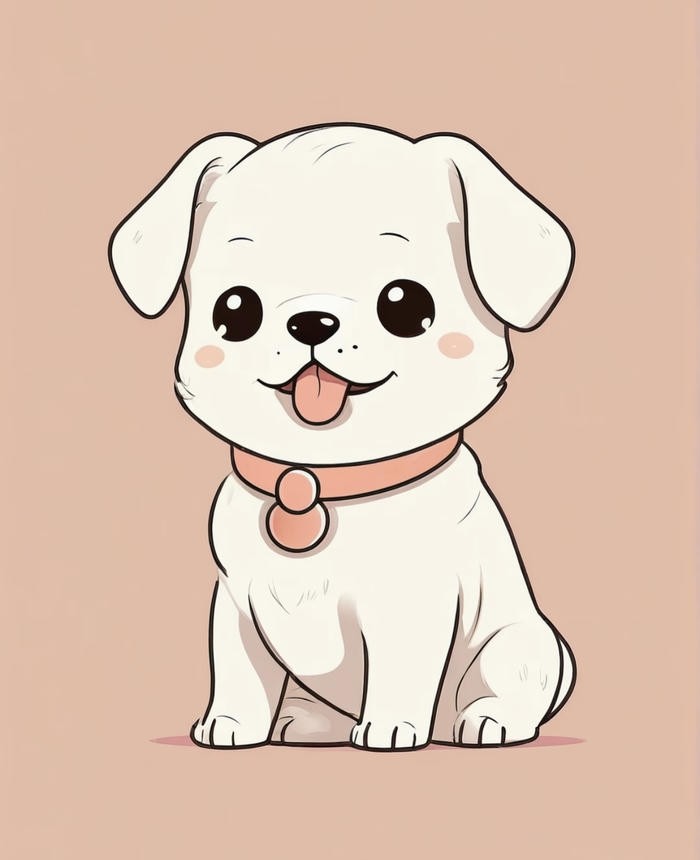 Chú chó chibi với vòng cổ màu hồng, trông rất đáng yêu và ngây thơ