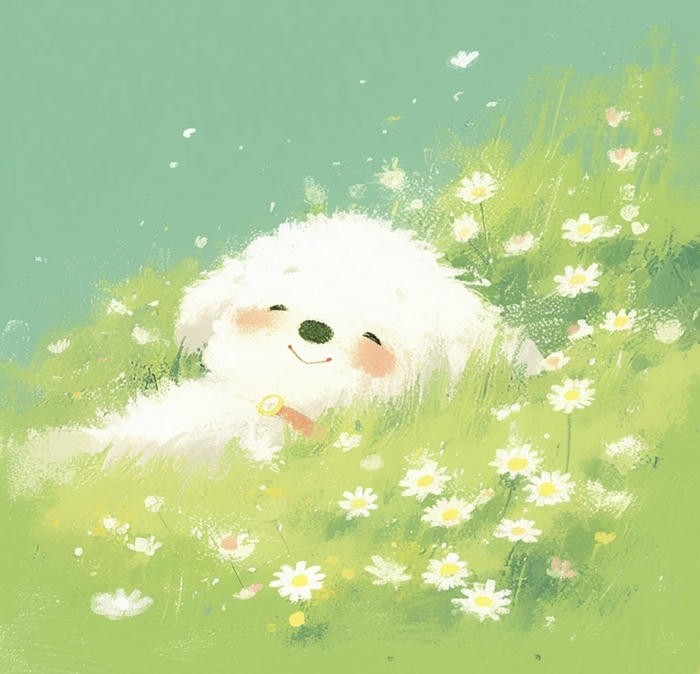 Chú chó chibi dáng tròn trịa, đang thư giãn trên thảm cỏ xanh mướt