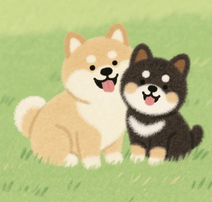 Hai chú chó chibi, một vàng và một đen, đang chơi đùa bên nhau