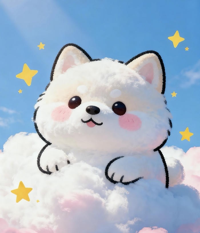 Chú chó chibi màu trắng với bộ lông xù, nằm ngoan ngoãn thư giãn