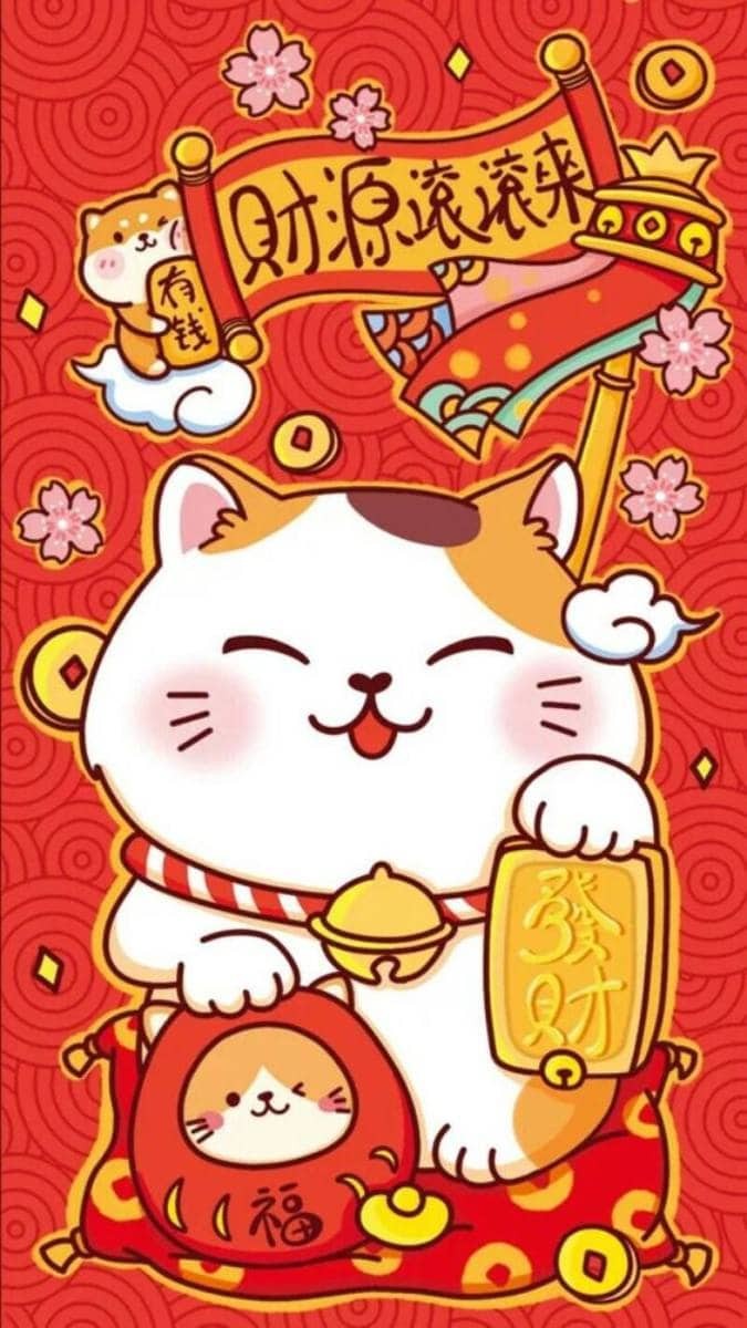 Hình nền chú mèo thần tài Maneki Neko vẫy tay mời gọi tài lộc