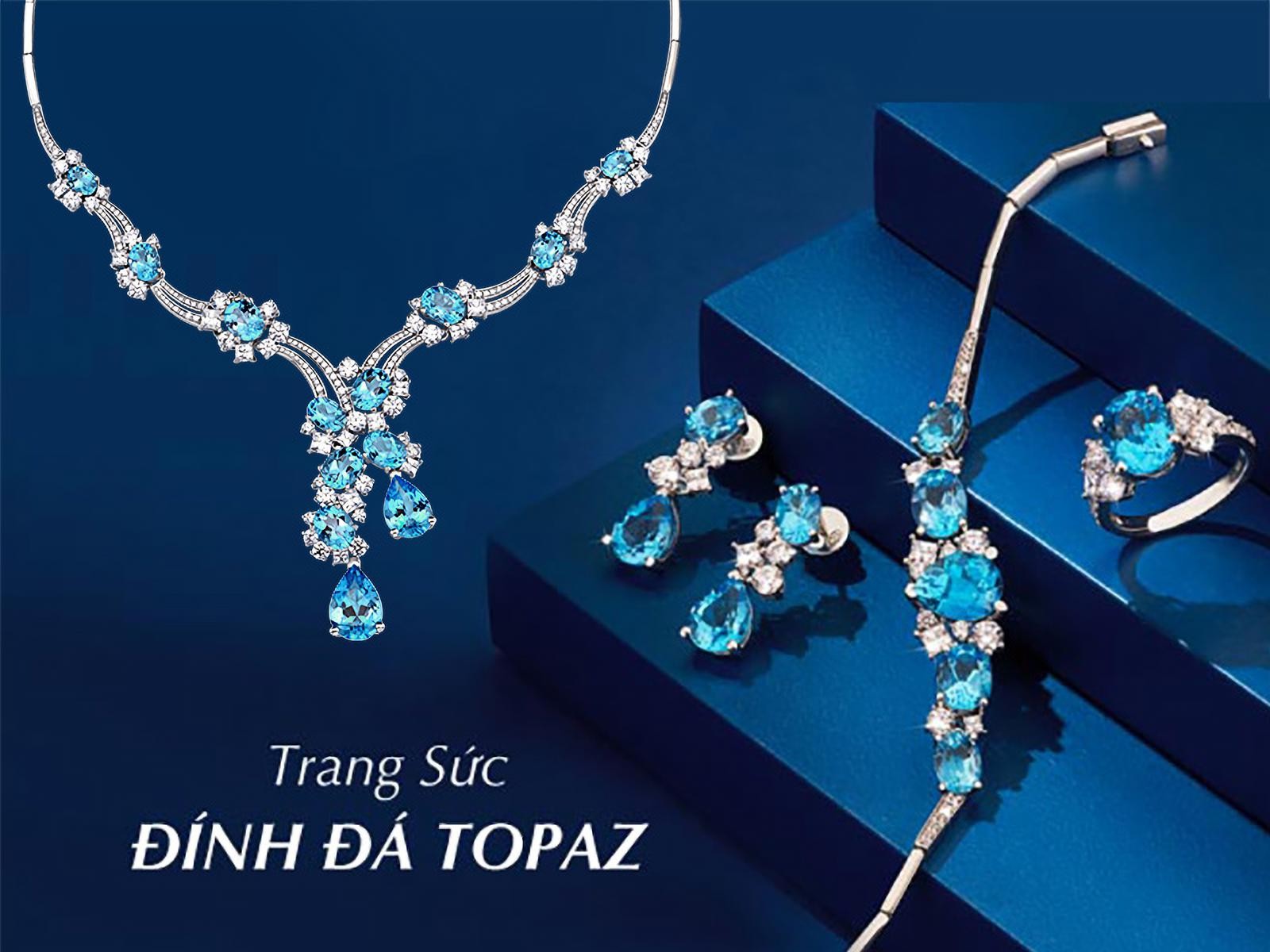 Bộ trang sức đính đá Topaz thiên nhiên màu xanh vô cùng bắt mắt