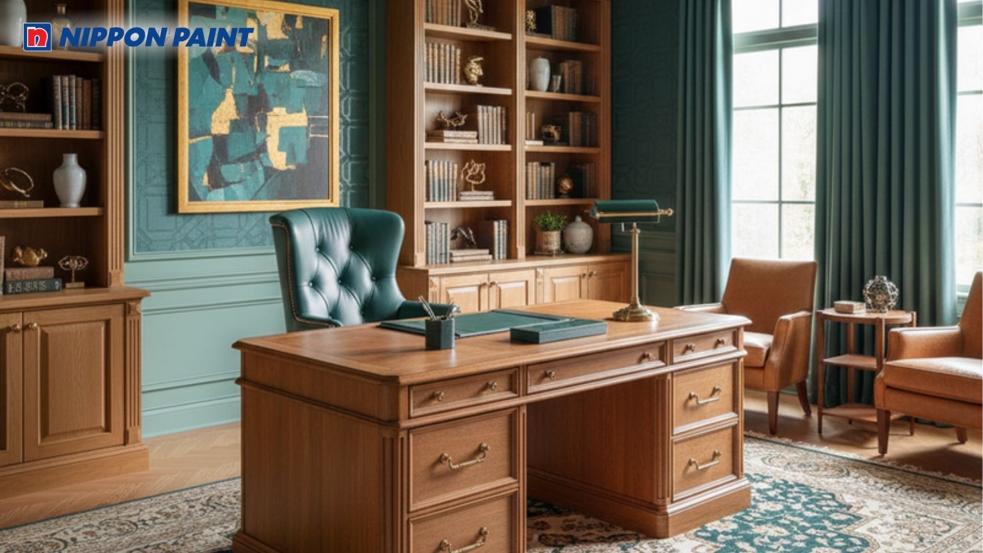 Tone màu xanh ngọc kết hợp với nâu gỗ sáng tạo tạo không gian làm việc sang trọng