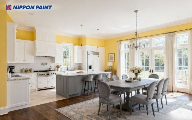 Tường bếp vàng mơ nhạt phối nội thất trắng xám, chuẩn phong thủy