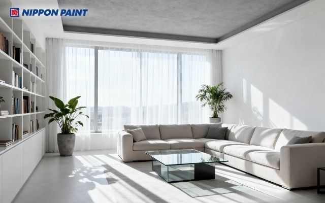 Trắng ngà kết hợp xám nhạt tạo chiều sâu cho phòng khách hợp phong thủy